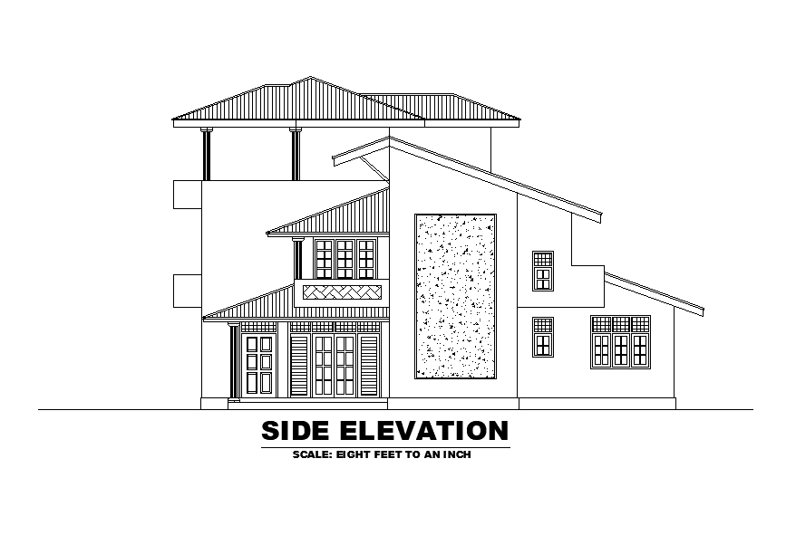 Left side elevation of 28’x47’ house plan is given in this Autocad drawing file.Download now.