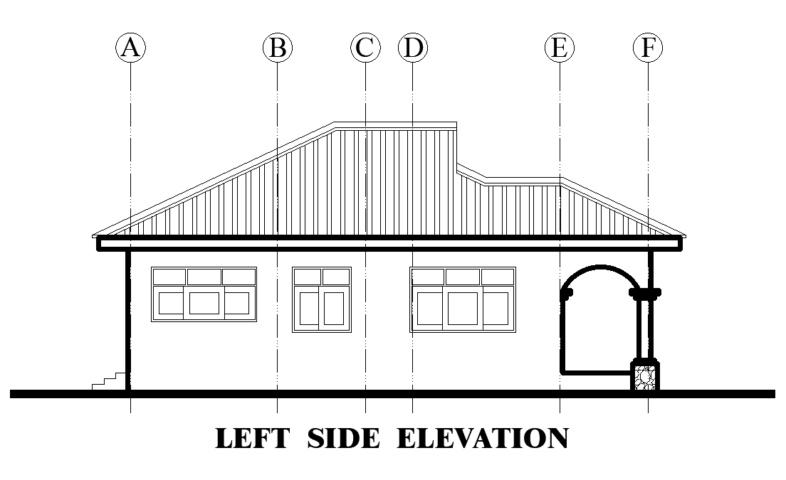 Left side elevation of 34’x44’ house plan is given in this Autocad drawing file. Download the 2D Autocad file.