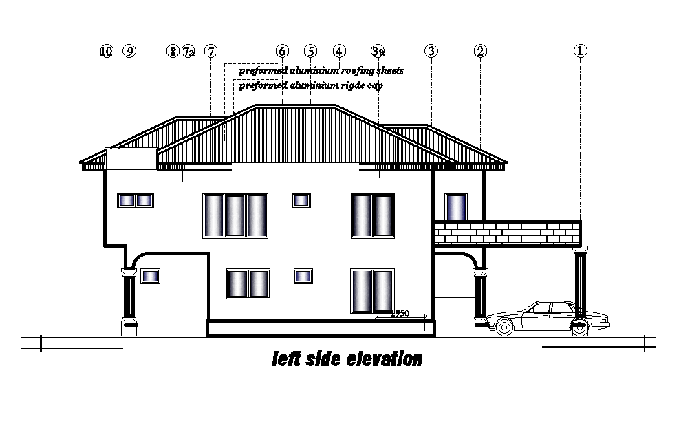 Left side elevation of 8x19m house plan is given in this Autocad drawing file.Download now.