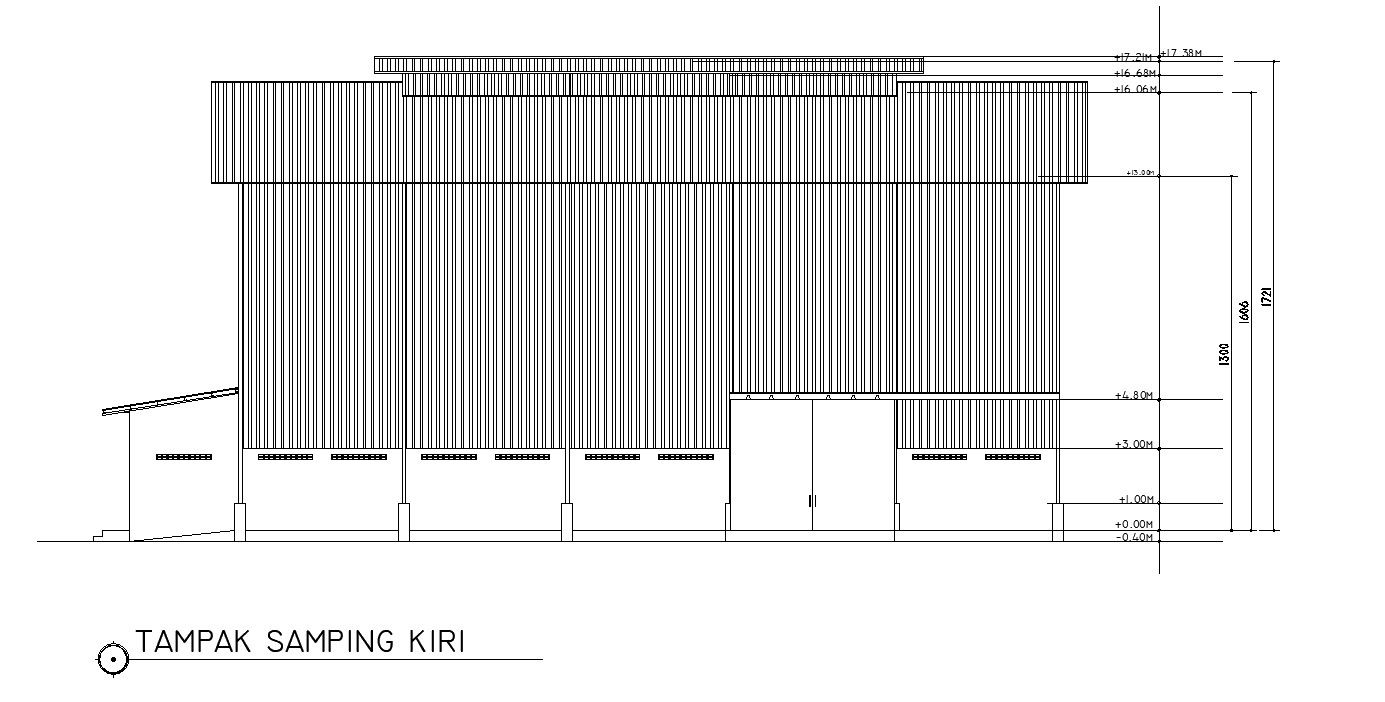 Left side elevation of factory with dimensions and details in AutoCAD 2D drawing, CAD file, dwg file