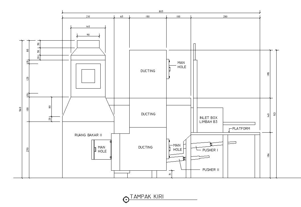Left side elevation of incinerator structure in detail AutoCAD 2D drawing, CAD file, dwg file