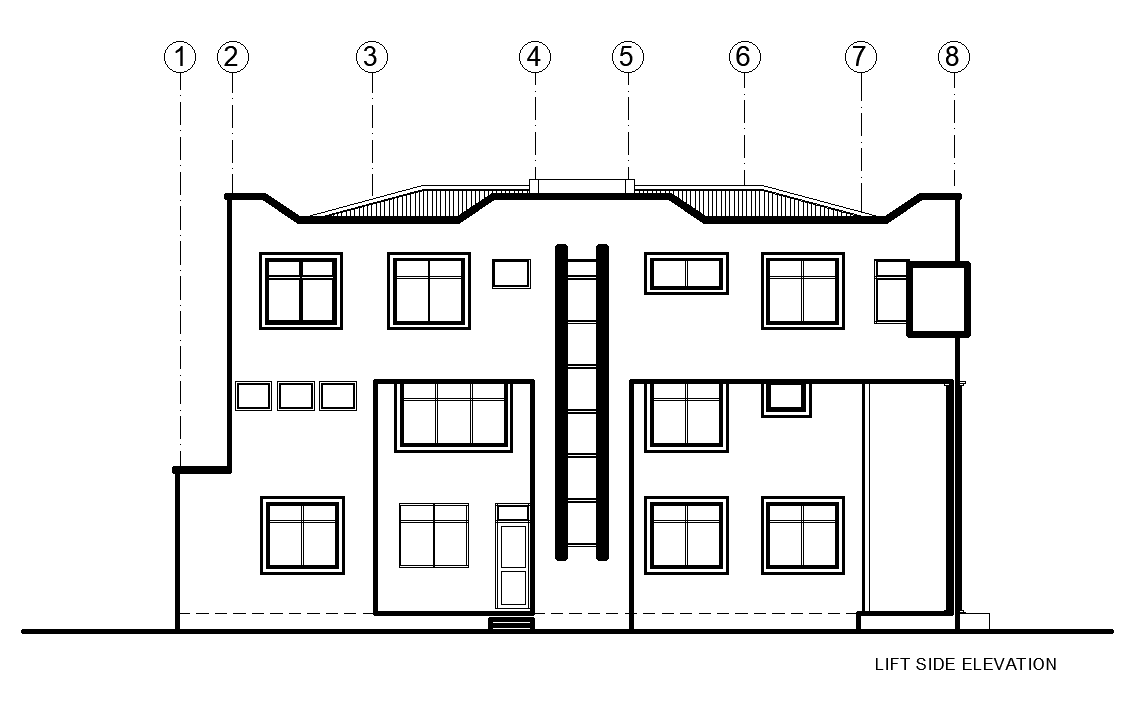 Left side elevation of office building is given in this Autocad drawing file. Download now.