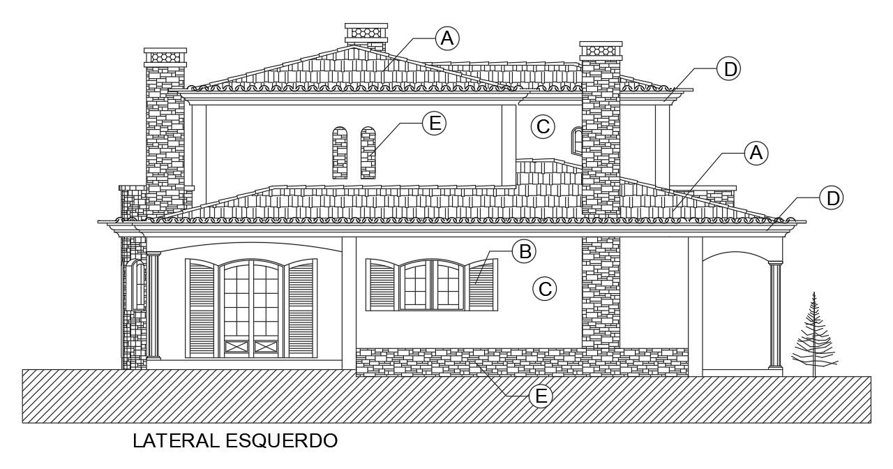 Left side elevation view of 14x13m house building is given in this Autocad drawing file.Download now.