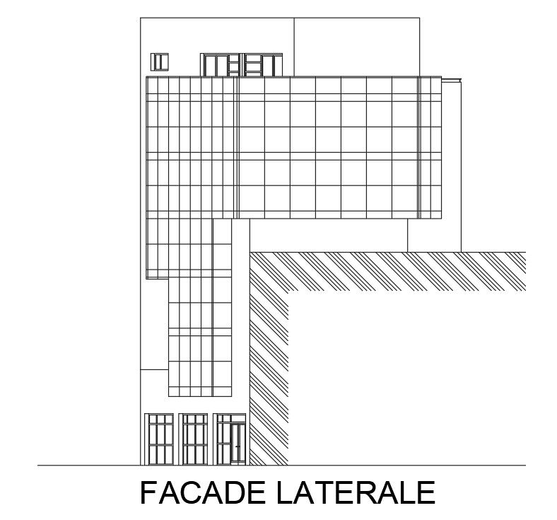 Left side elevation view of 16x9m bank building is given in this Autocad drawing file.Download now.