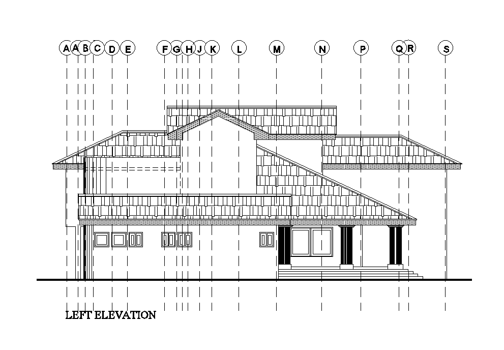 Left side elevation view of 26x23m house plan is given in this Autocad drawing file. Download now.