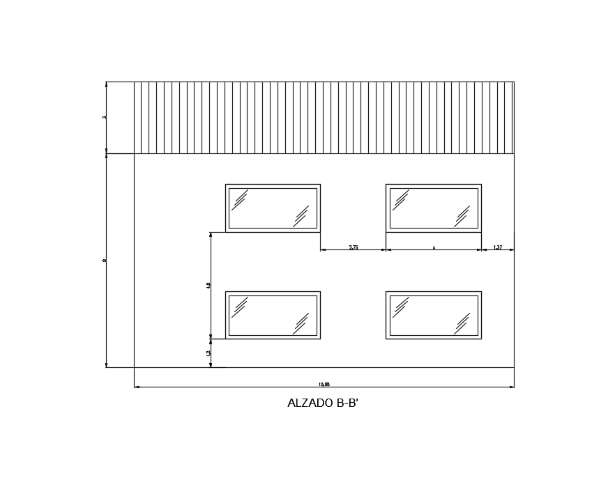 Left side elevation view of 28x16m office building is given in this Autocad drawing file.Download now.