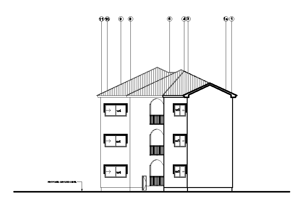 Left side elevation view of 30x14m house plan is given in this Autocad drawing file.Download now.