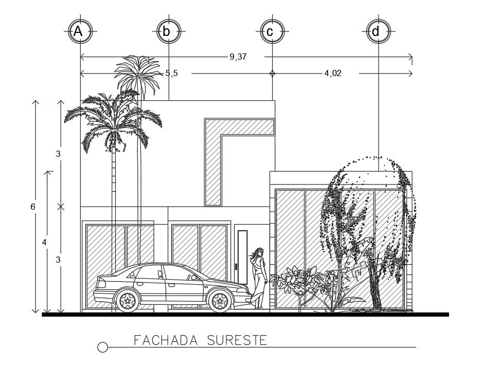 Left side elevation view of 9X13m house building is given in this Autocad drawing file. Download now.