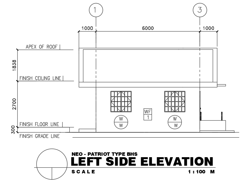 Left side elevation view of 9x9m hospital building is given in this Autocad drawing file. Download the Autocad model.