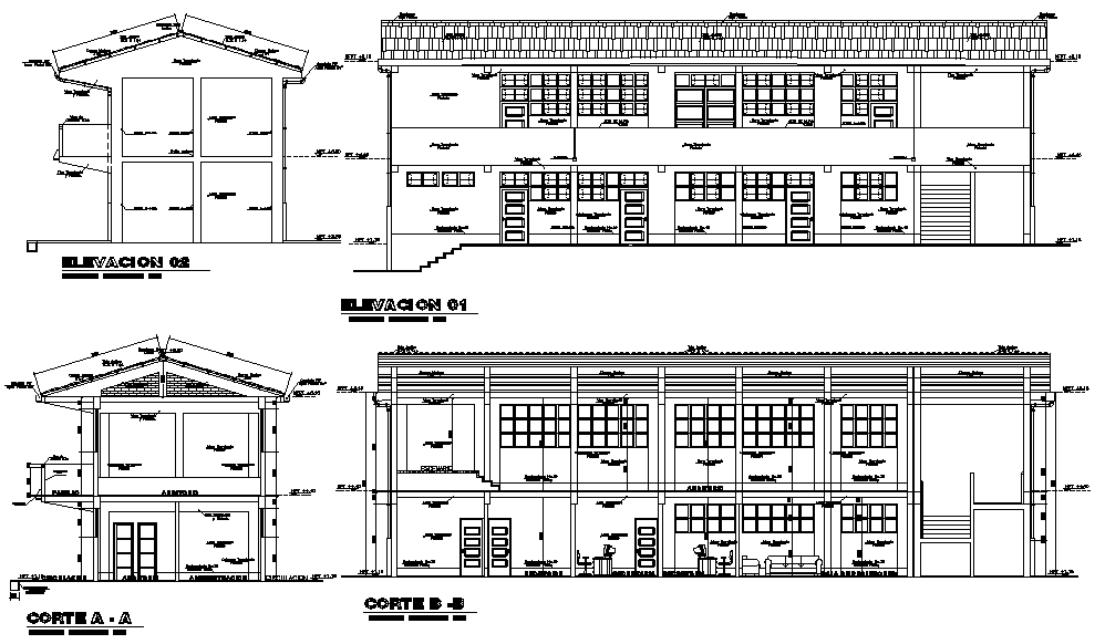 Left side & front section cum elevation view of 50x56m college plan is given in this Autocad drawing file.Download now.