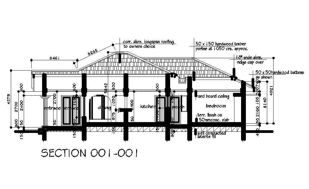 Left side section view of 10x15m house plan is given in this Autocad drawing file. Download now.