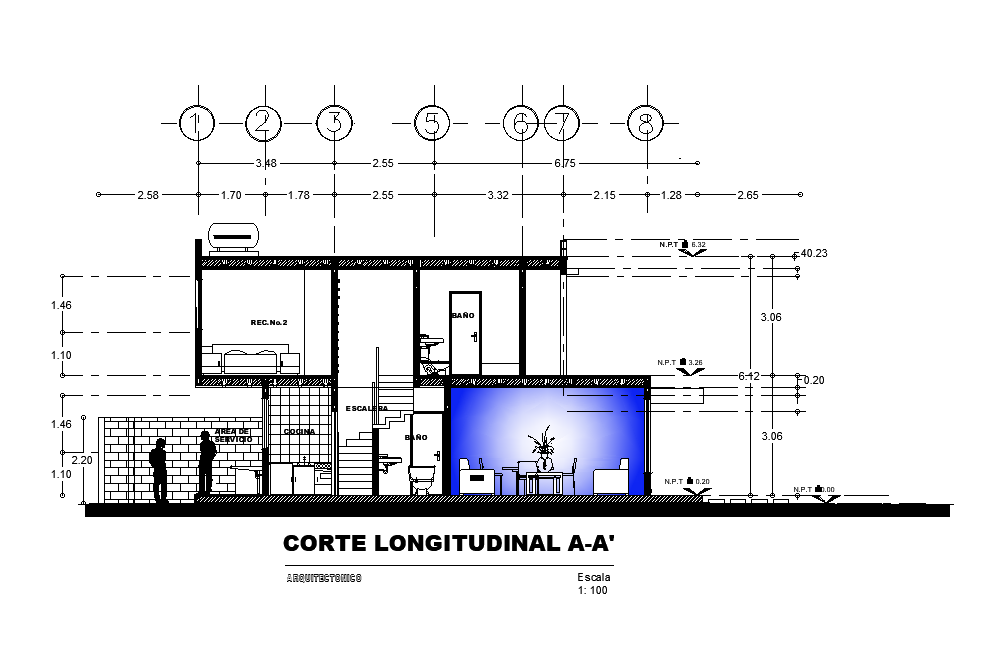 Left side section view of 10x22m villa building has been given in this 2D AutoCAD drawing model. Download now.