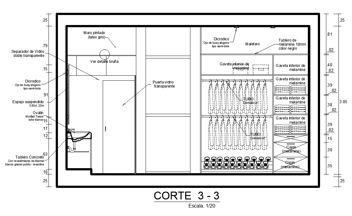 Left side section view of 10x4m bedroom wardrobe is given in this Autocad drawing file. Download now.