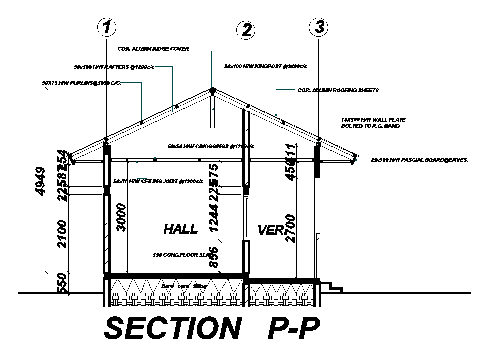 Left side section view of 11x6m house plan is given in this Autocad drawing file.