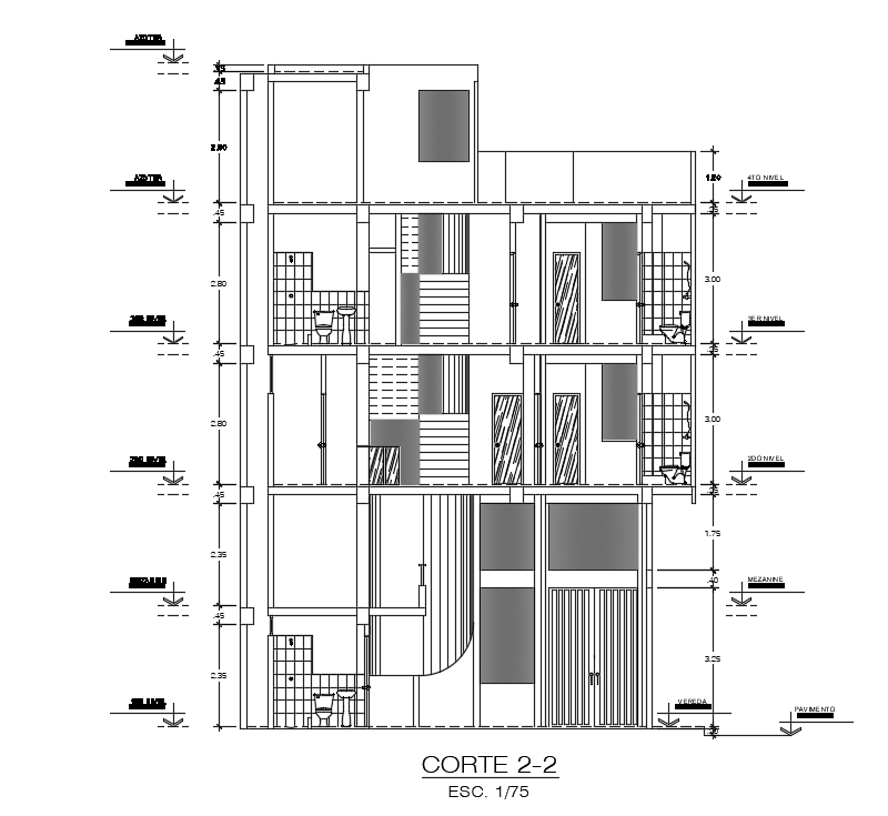 Left side section view of 16x13m apartment building is given in this Autocad drawing file.Download now.