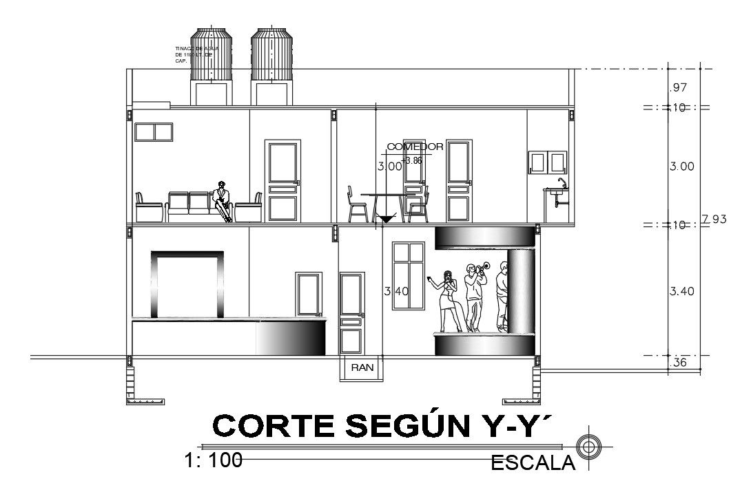Left side section view of 20x15m house building is given in this Autocad drawing file.Download the Autocad model.