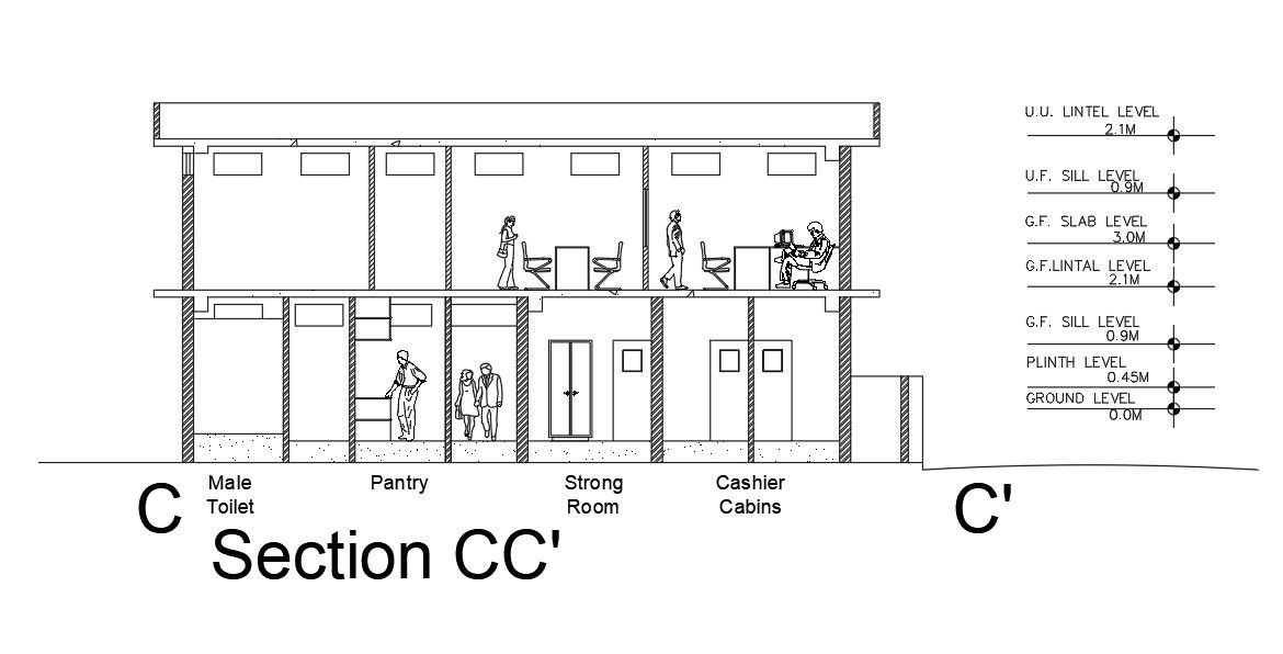 Left side section view of 21x14m bank building is given in this Autocad drawing file. Download the Autocad model.