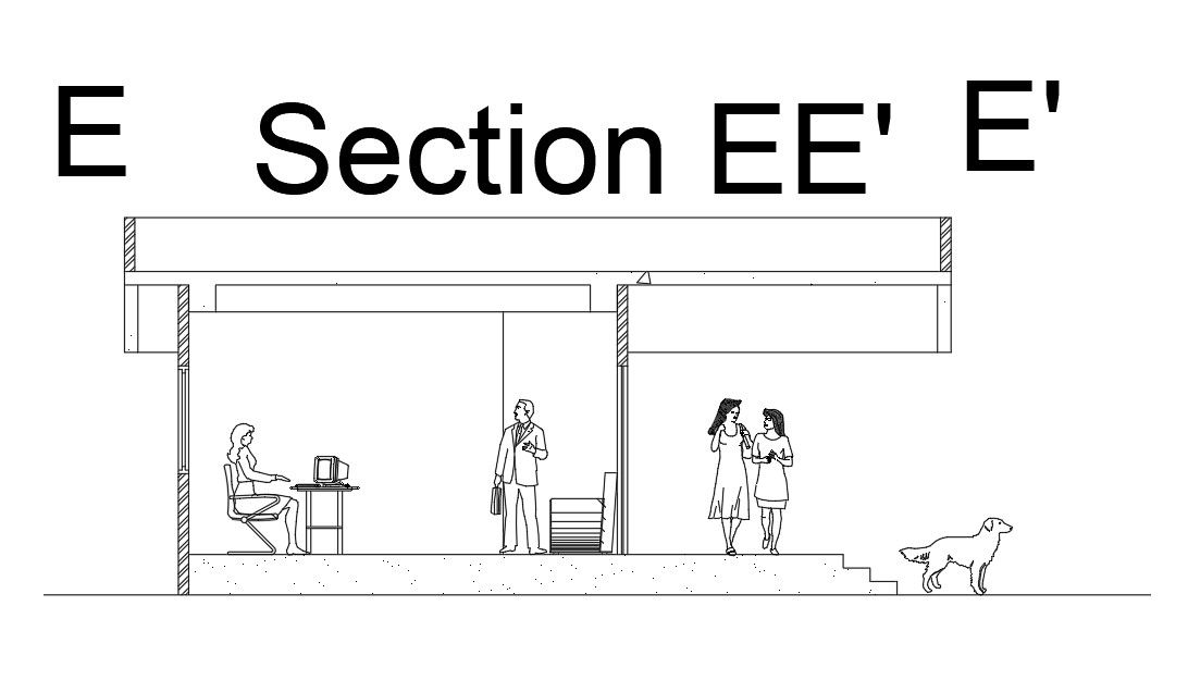 Left side section view of 21x14m bank plan of executive cabin building is given in this AutoCAD drawing file.Download the Autocad model.
