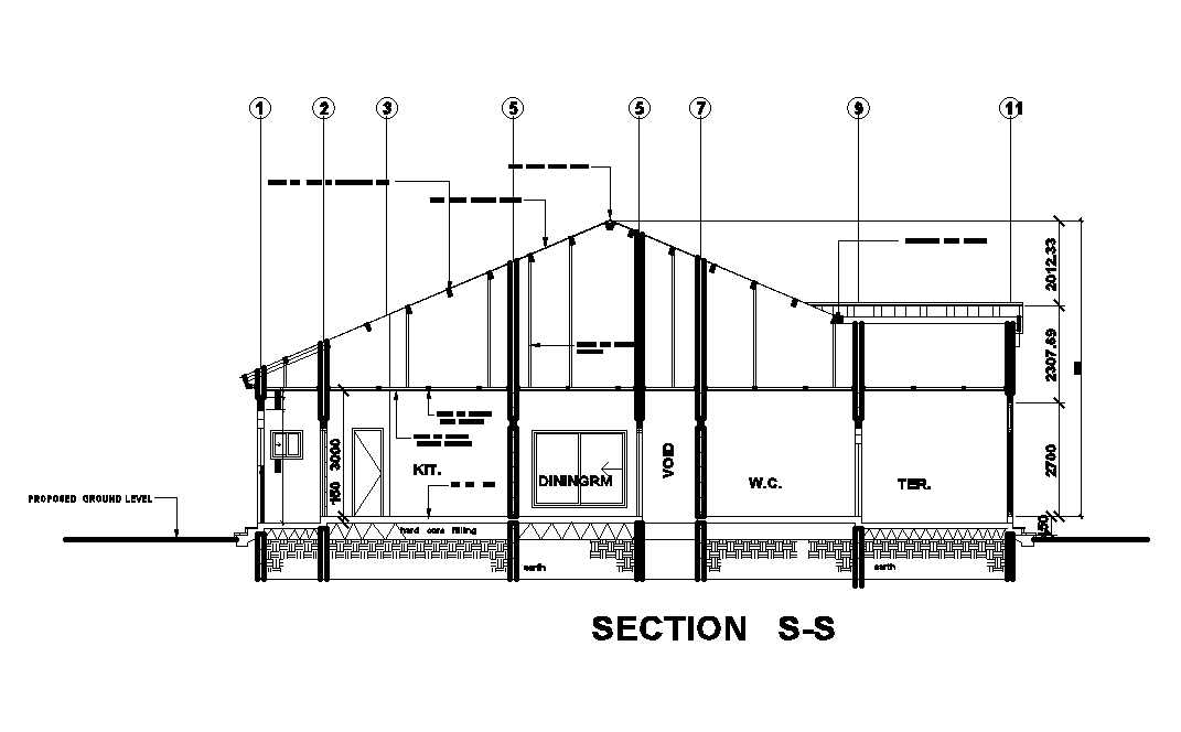 Left side section view of 21x18 ground floor house plan is given in this Autocad DWG drawing file. Download now.