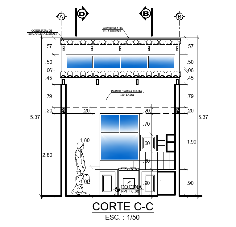 Left side section view of 26x4m house building is given in this AutoCAD drawing file. Download now.