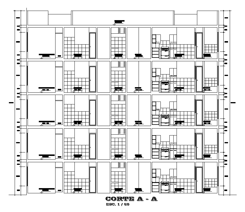 Left side section view of 28x17m apartment building is given in this AutoCAD model.Download now.