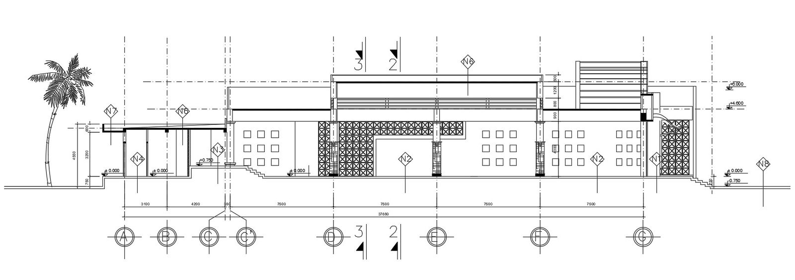 Left side section view of 36x37m hotel building is given in this Autocad drawing file. Download now