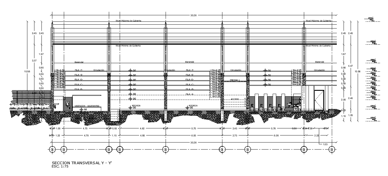 Left side section view of 50x46m shopping mall is given in this AutoCAD drawing model. Download now.