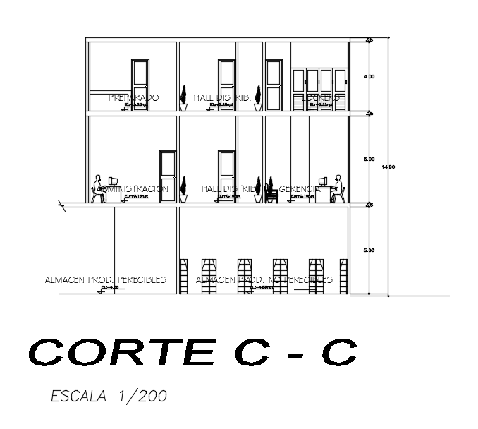 Left side section view of 60x20m commercial building is given in this Autocad drawing file. Download the Autocad model.