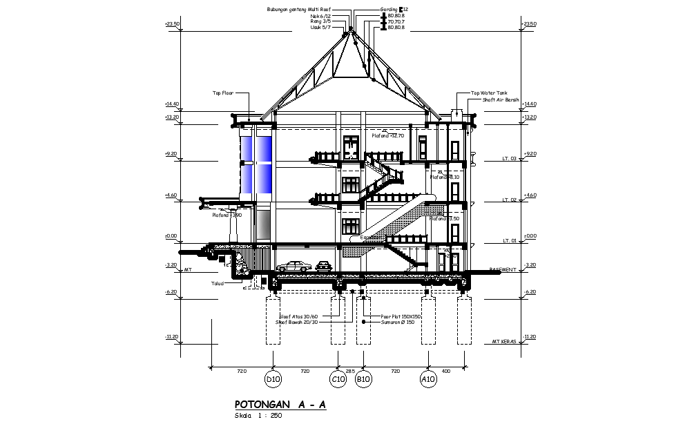 Left side section view of 64x18m office building is given in this Autocad drawing file. Download now.