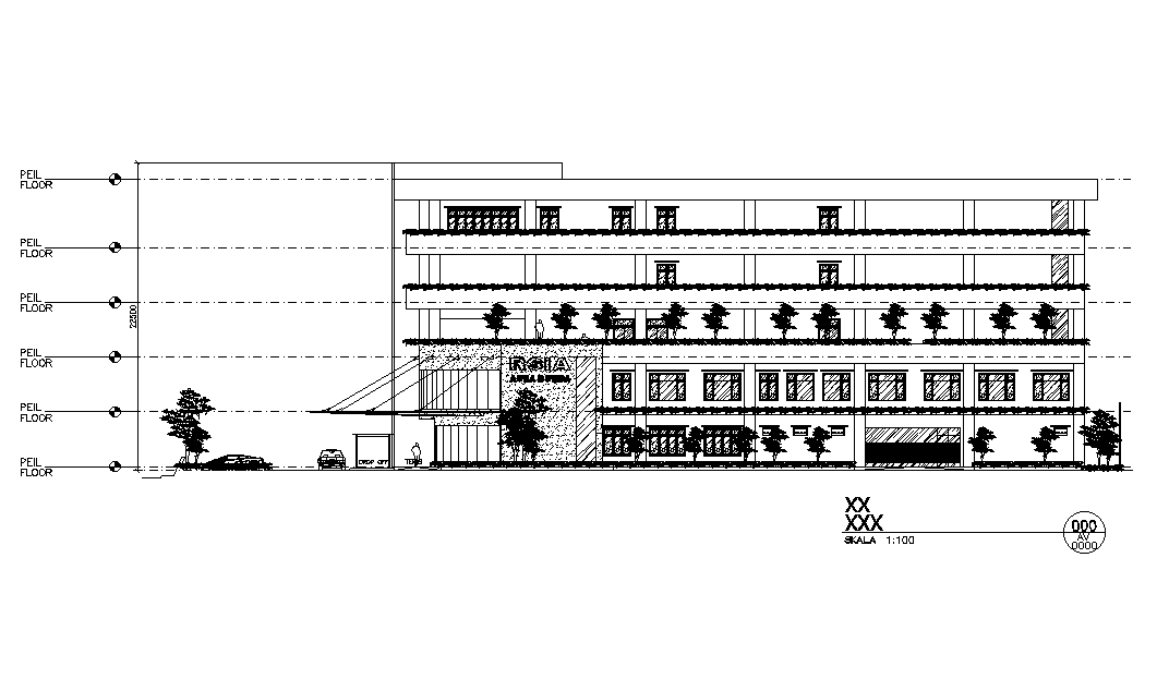 Left side section view of 70x110m mother & child hospital building is given in this AutoCAD drawing model. Download now.