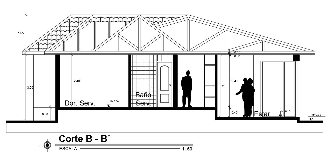Left side section view of 73’x73’ house building is given in this Autocad drawing file.Download now.