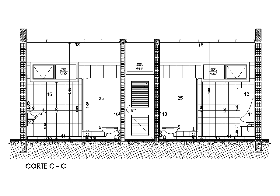 Left side section view of 7x7m toilet plan is given in this Autocad drawing file. Download now.