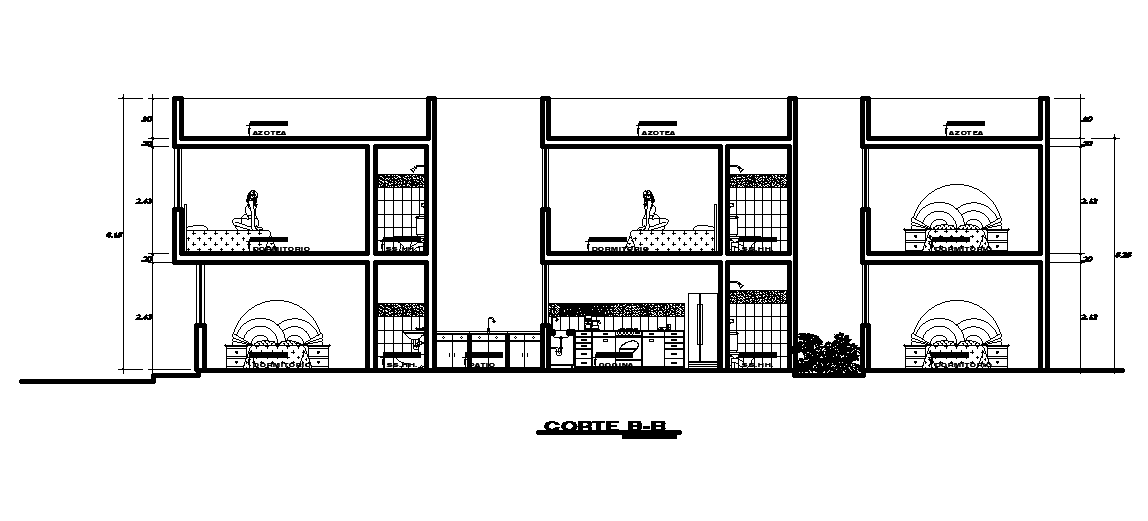 Left side section view of 8x19m house building is given in this Autocad drawing file.