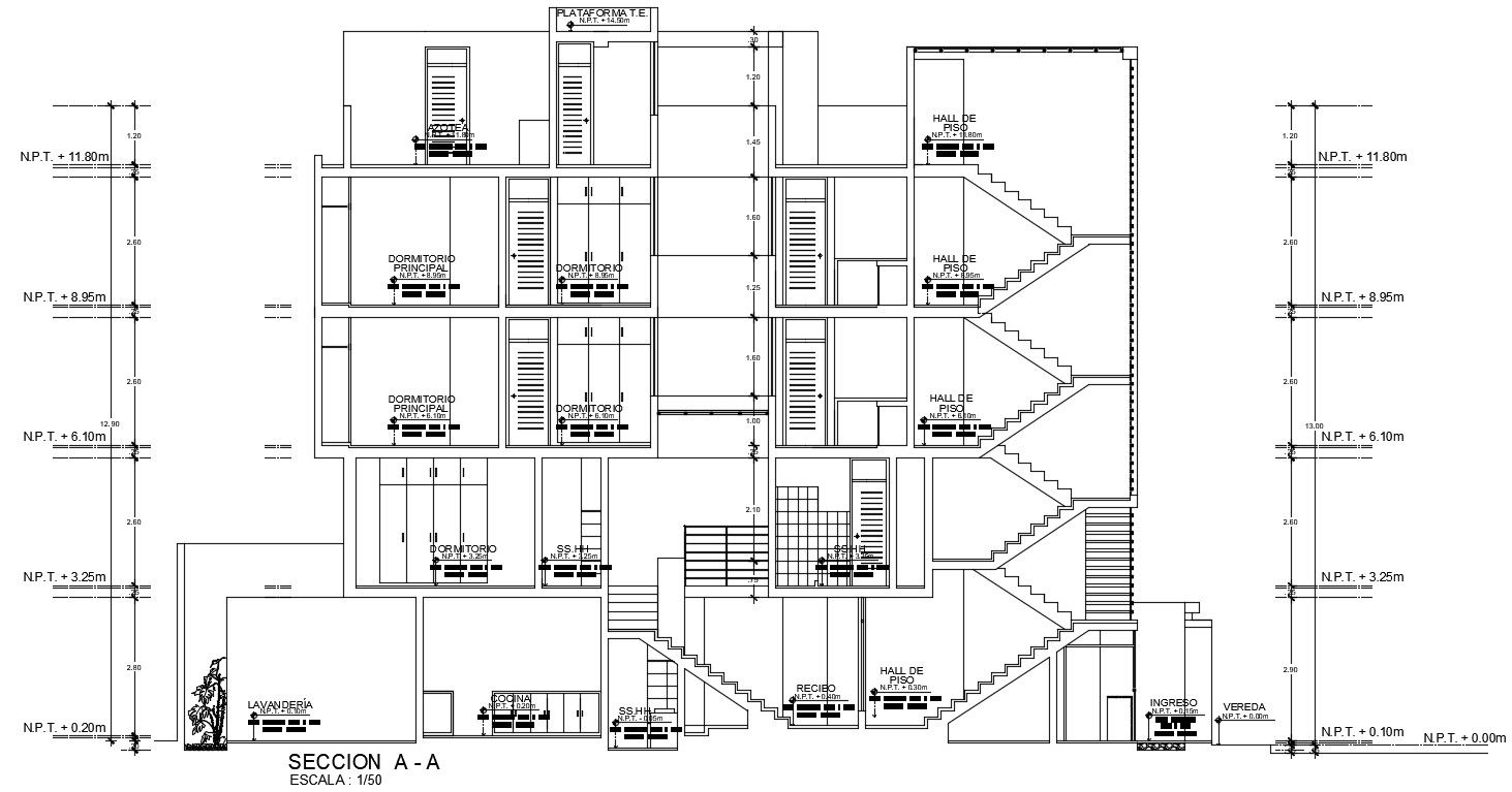 Left side section view of 8x21m house building is given in this 2D AutoCAD file.Download now.