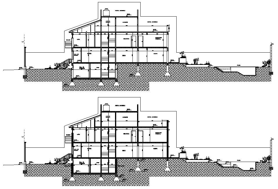 Left side section view of 9x35m house cum guest room building is given in this Autocad drawing file.Download now.