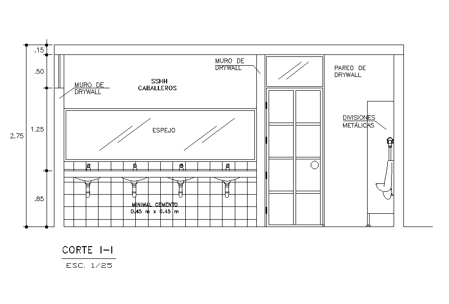 Left side section view of Plant with layout of walls of toilet has been given in this Autocad drawing file.