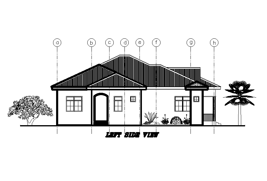 Left side view of of 18x17m ground floor of house plan is given in this Autocad drawing file. Download now.