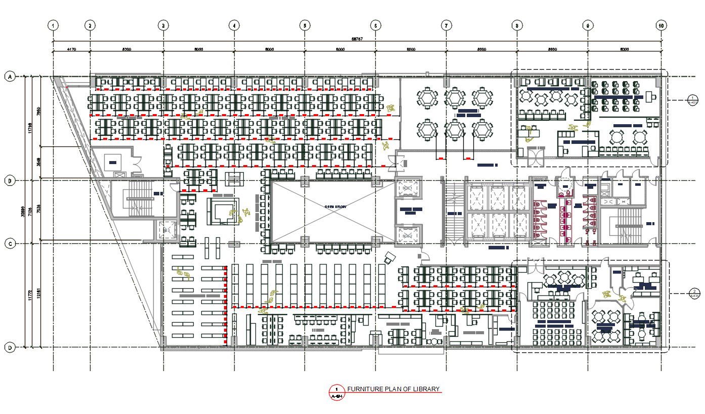 Library Furniture Layout DWG File with Shelves, Desk, and Seating Plan