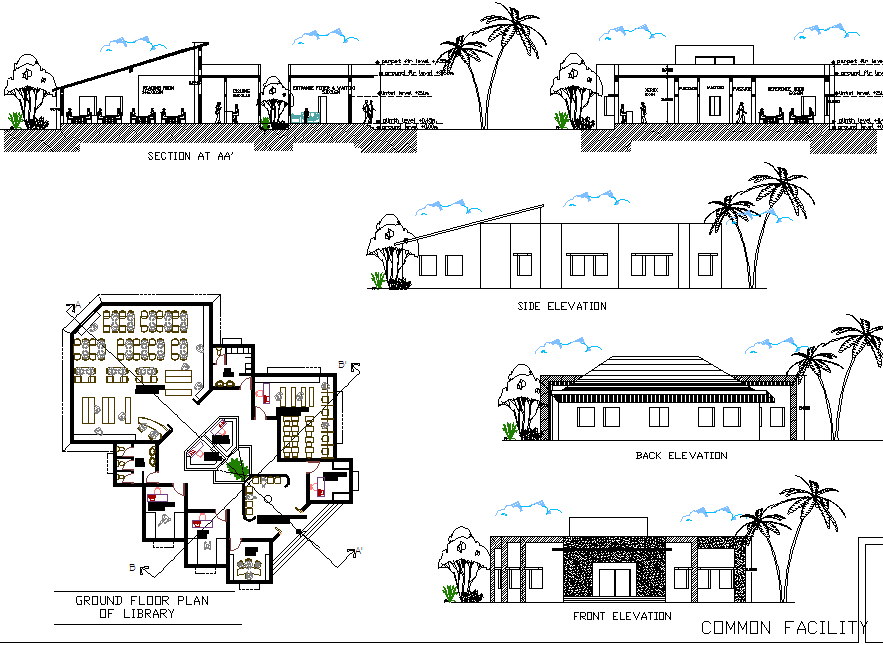 Library Plan, elevation and section detail dwg file