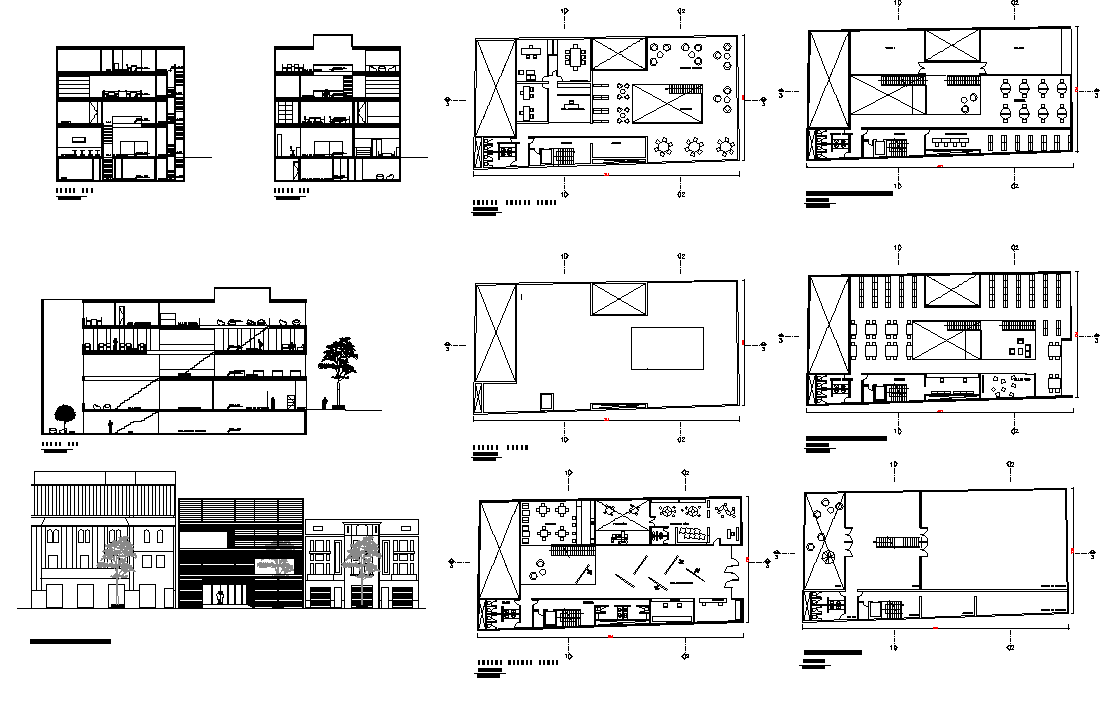 Library building elevation, plan and section 2d view layout file