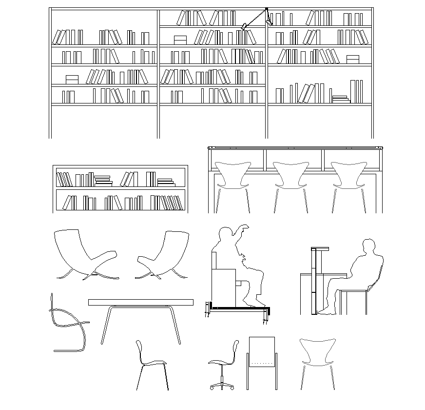 Library furniture detail elevation 2d view layout file