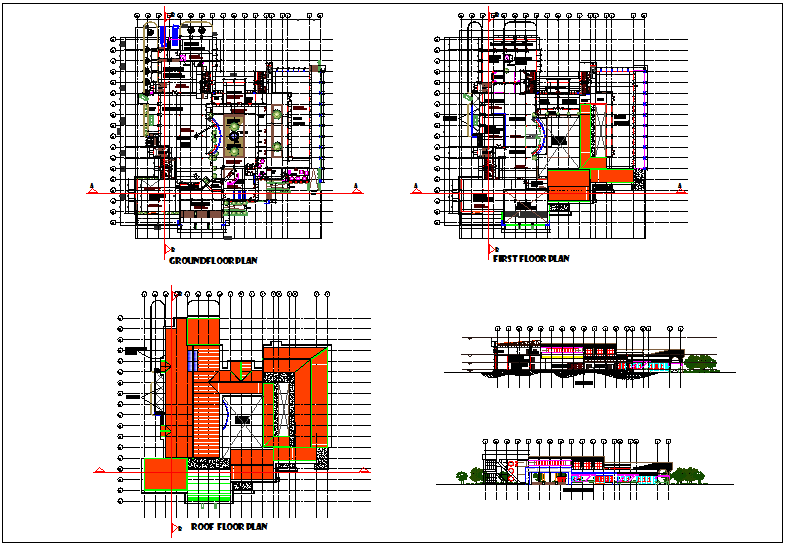 Library Plan with Elevation and Section CAD Drawing