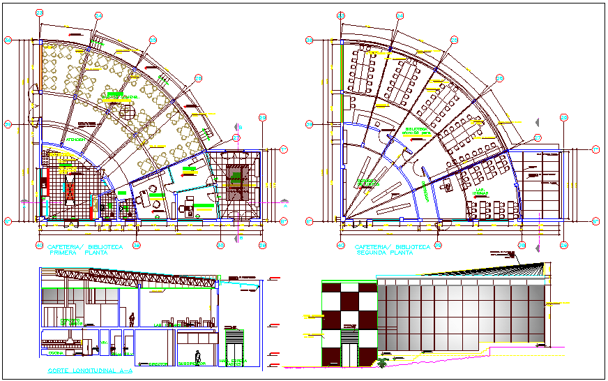Library plan view with sectional elevation view dwg file