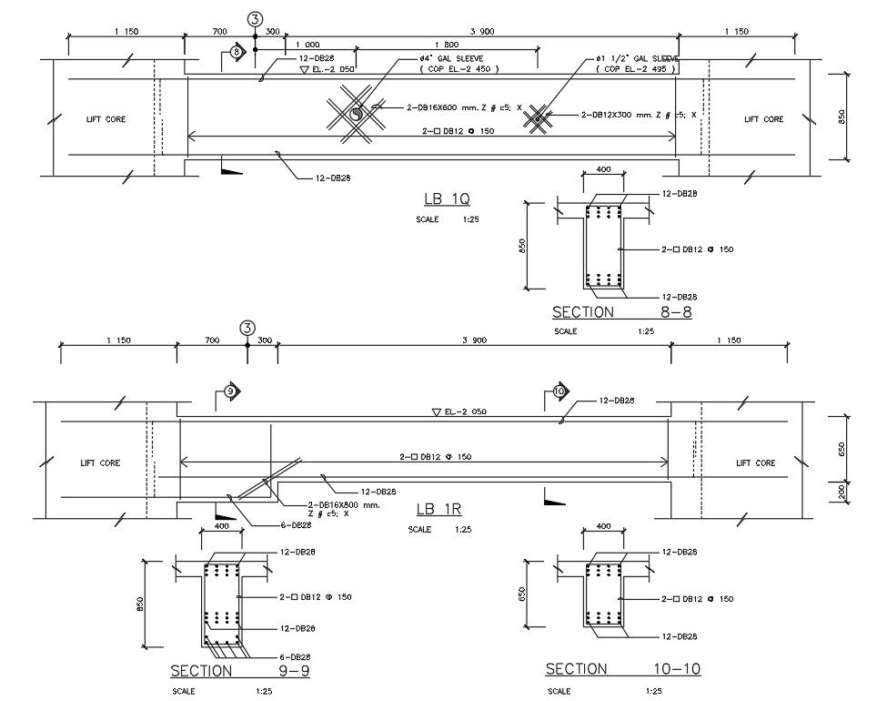 Lift core and the column Reinforcement section details are given in this AutoCAD DWG file.Download the AutoCAD 2D DWG file.