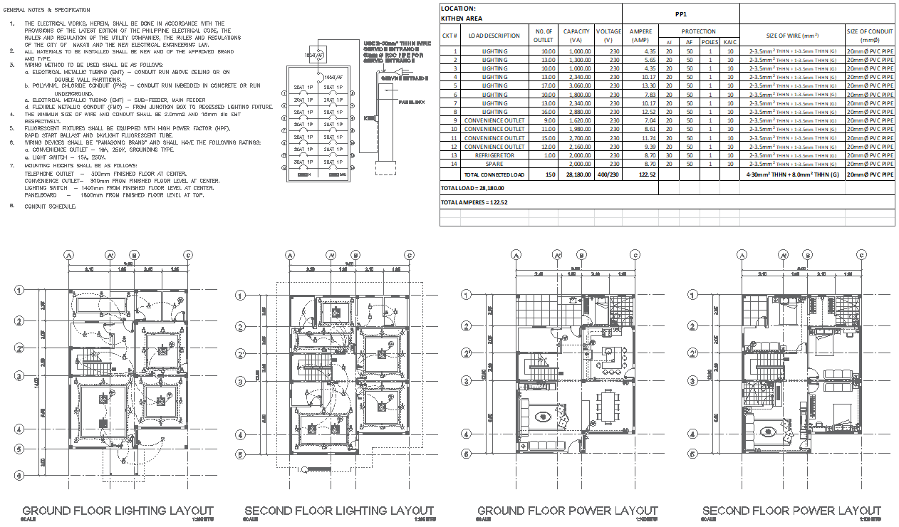 Lighting and Power Layout for Two-Story Residential House In AutoCAD File