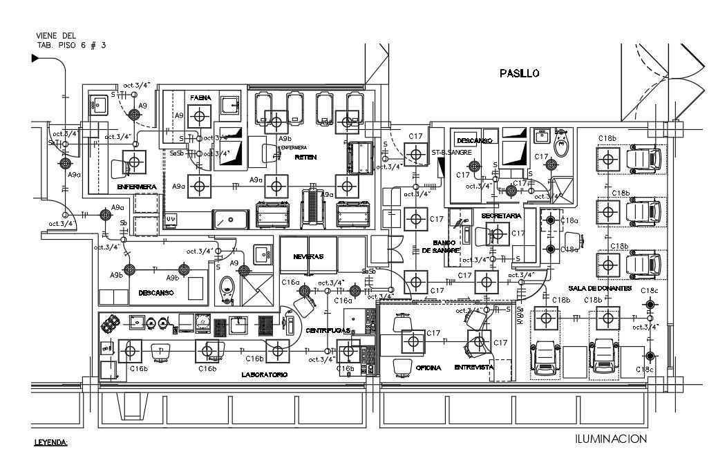 Lighting layout of 15x7m hospital blood bank plan is given in this Autocad drawing file. Download the Autocad model