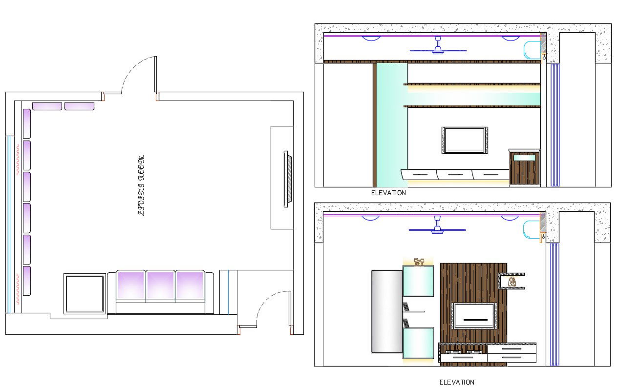Living room Plan and Elevation Architecture Drawing