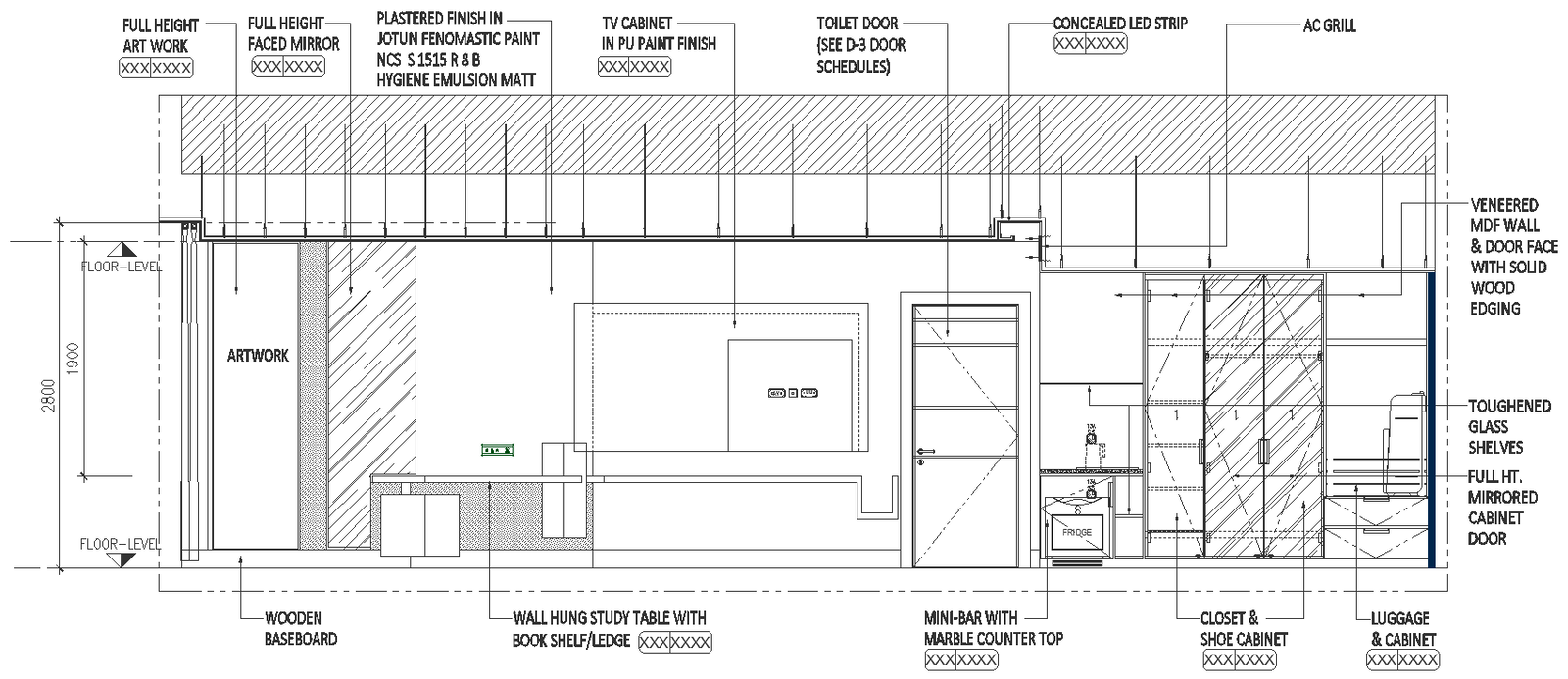 Living room section detail with material specification DWG AutoCAD drawing