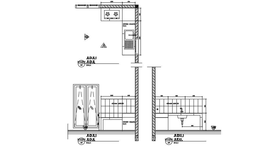L kitchen plan and elevation with details including levels of fitting and dimension.