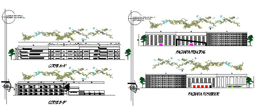 Local city shopping center elevation and sectional details dwg file